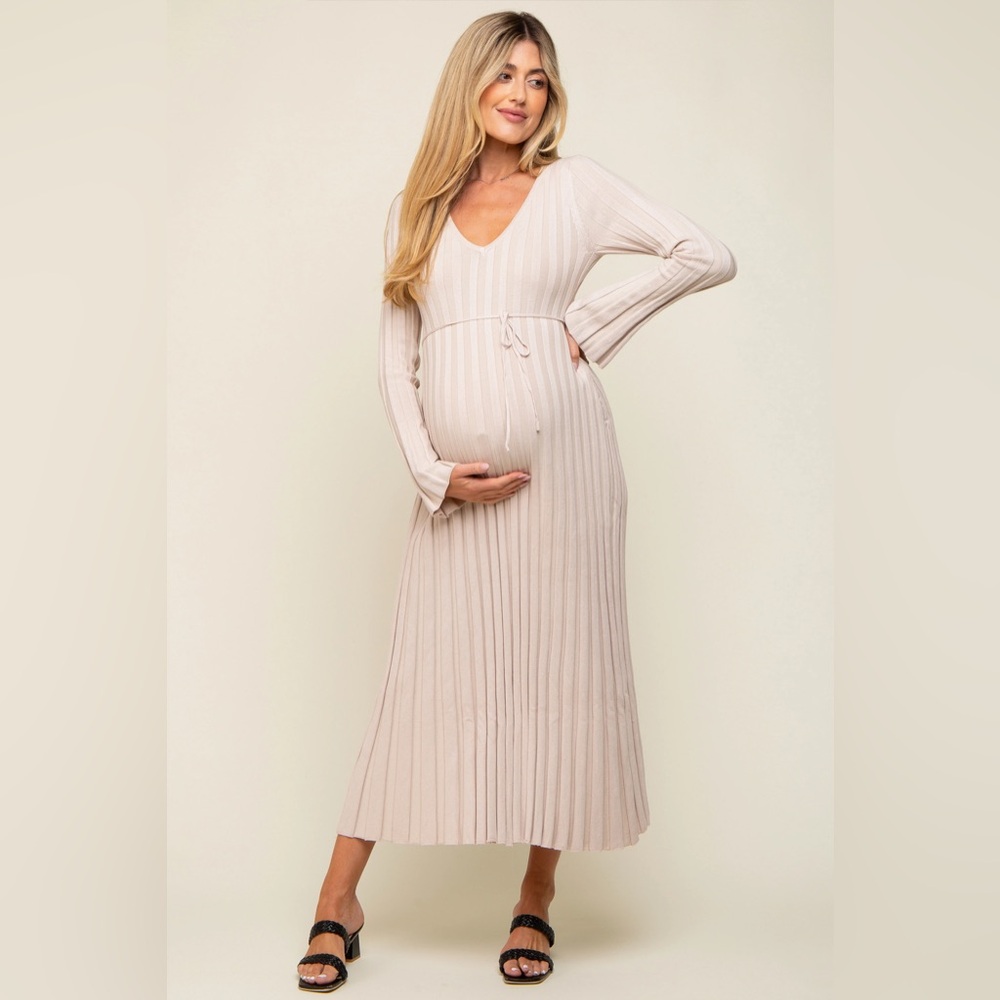 Pinkblush Ribbed Maternity Knit Maxi Dress beige